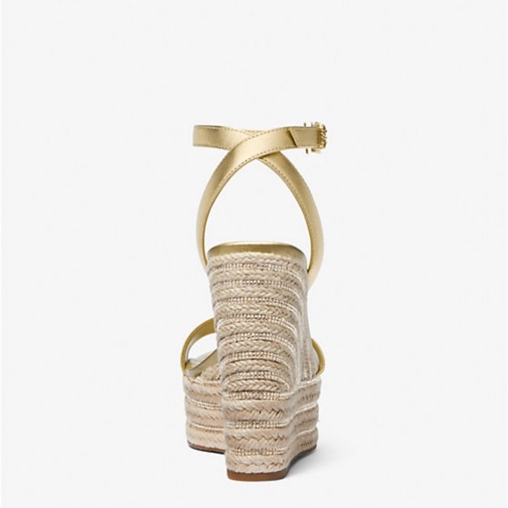 MICHAEL KORS Leighton Metallic Leather Wedge Sandal Pale Gold - Picture 3 of 4